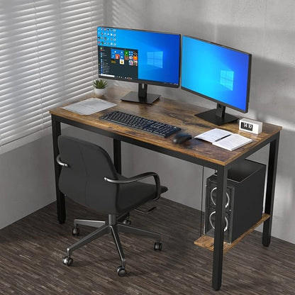Computer Desk 47" Writing Desk Study Table with CPU Storage Shelf for Home Office, Workstation, Office, Gaming Room- Sturdy Stable Black Metal Frame, Rustic Brown