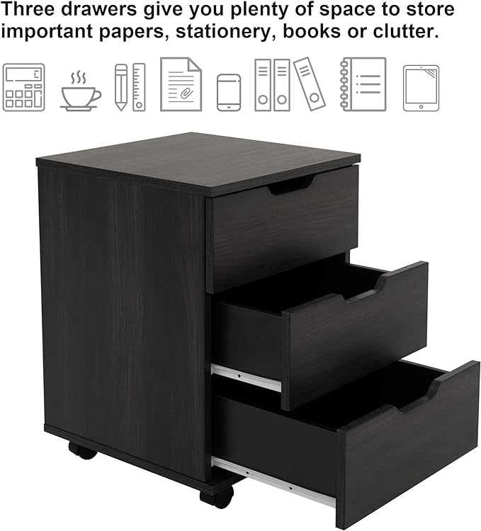 Farini 3-Drawer Vertical Filing Cabinet Rolling Wood Mobile File Cabinets Under Desk for Home Office with Casters (Dark Walnut, Non-Assembled)