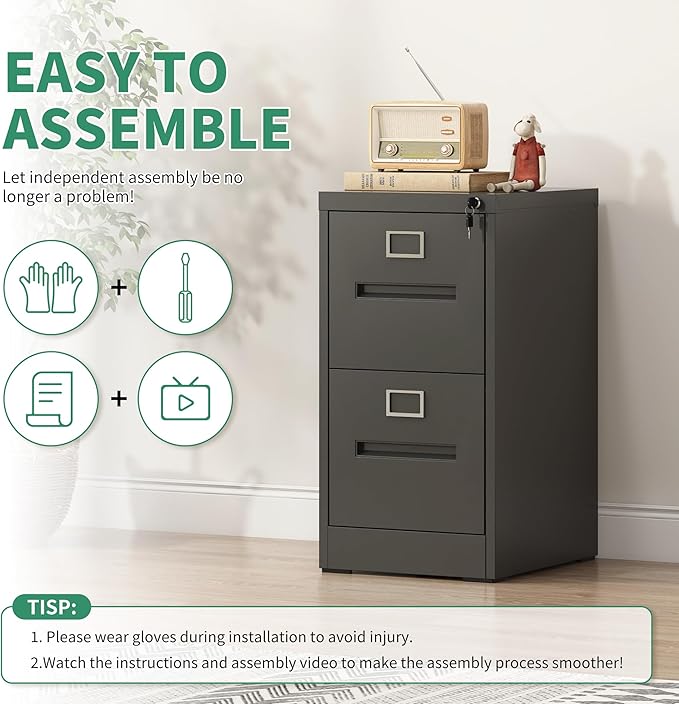 2 Drawer File Cabinet,Metal Filing Cabinets with Lock,Black Vertical File Cabinet for Home Office,Heavy Duty Metal Storage Cabinet for A4/Letter/Legal Size File,Assembly Required