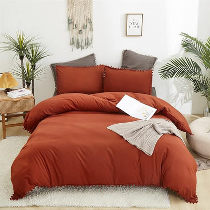 Burnt Orange Comforter Set Full Size Rust Pom Comforter 3 PCs Burnt Orange Boho Ball Pom Fringe Full Comforter Bedding Set Women Solid Terracotta Full Bed Comforter Set All Season Gift
