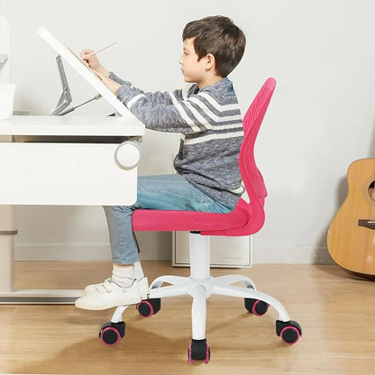 Desk Chair Armless Small Study Chairs Armless for Child Kids Teens, Ergonomic Swivel Rolling Lightweight Task Chair with Wheels and Mesh Padded Cushion, Pink