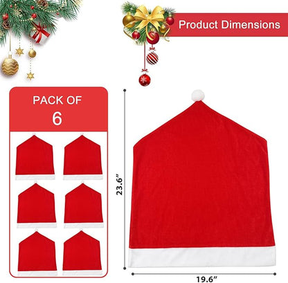 Christmas Chair Covers Set of 6,Red and White Santa Claus Hat Chair Back Covers for Xmas Holiday Festival Indoor Kitchen Bar Counter Stools Decorations Dining Room Table Decor