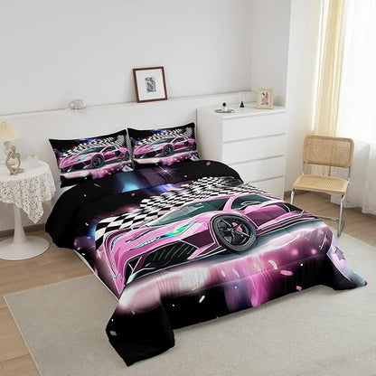 Pink Race Car Bedding Set Queen Size,Racing Flag Black White Lattice Duvet Cover with 2 Pillowcases,Extreme Sport Game Comforter Cover for Kids Youths Boys Girls Room Decor,Modern Quilt Cover