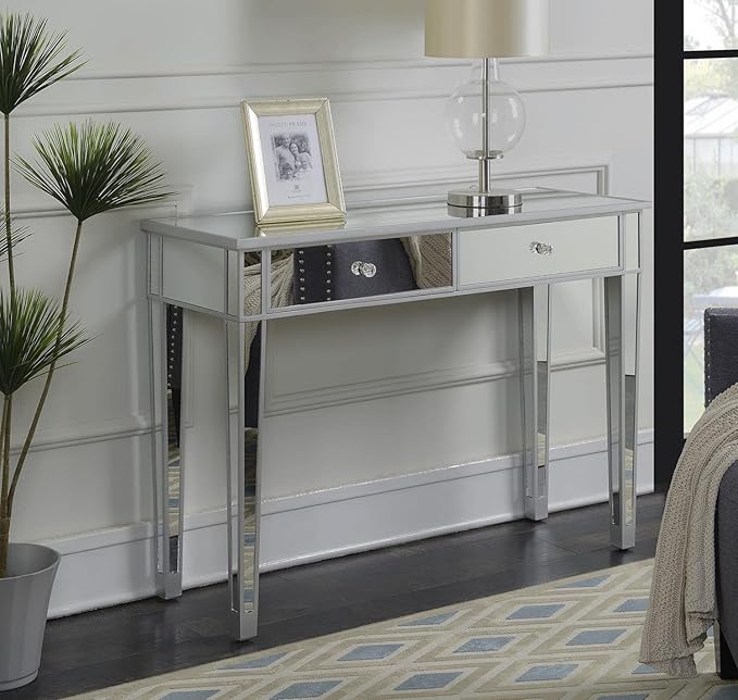 Convenience Concepts Gold Coast Desk 42" Console Table with 2 Drawers for Storage in Living Room, Office, Den, 42 x 15 x 30 inches, Silver/Mirror