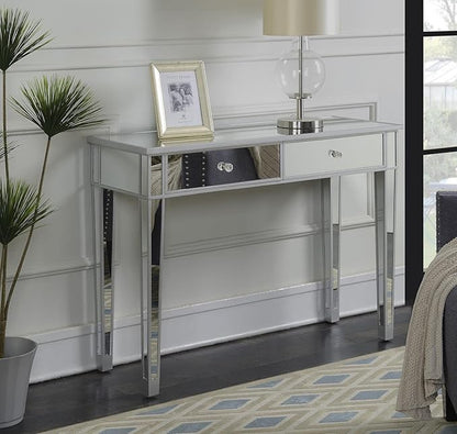 Convenience Concepts Gold Coast Desk 42" Console Table with 2 Drawers for Storage in Living Room, Office, Den, 42 x 15 x 30 inches, Silver/Mirror