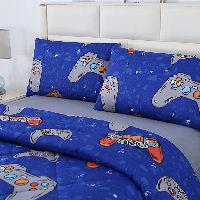 3PCS Blue Gamer Queen Comforter Set for Boys Girls Teens and Kids, Microfiber Lightweight Comforter Queen, Bed in a Bag Cute Bedding, Queen