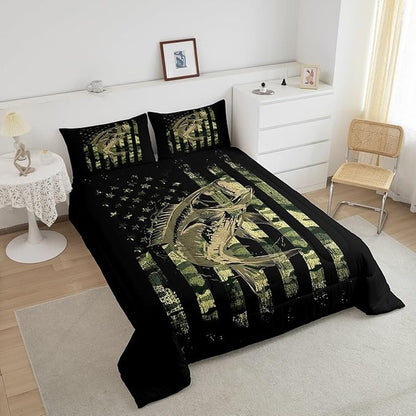 Bass Fish Camouflage Comforter Set King Pike Fish Camo Bedding Set for Women Men Room Kids Farmhouse Fishing Decor Comforter Fishman Wild Quilt Set Down Comforter Green Black King Size