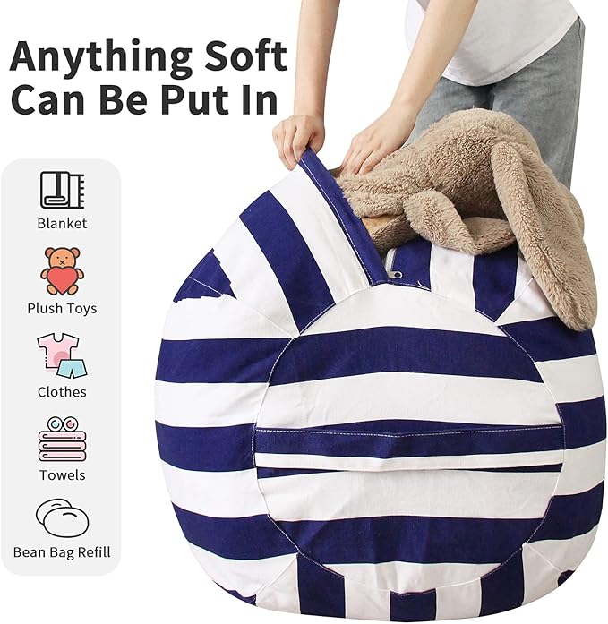 2 PCS Stuffed Animal Storage Bean Bag Chair Cover, Cotton Canvas Beanbag with Zipper for Organizing Kid's and Adults Room Vertical Stripe Blue 24"