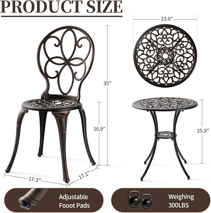 Patio Bistro Sets 3 Piece, Outdoor Bistro Table and Chairs Set of 2 with Umbrella Hole, Cast Aluminum Bistro Set, Patio Furniture for Yard Garden Porch, Bronze