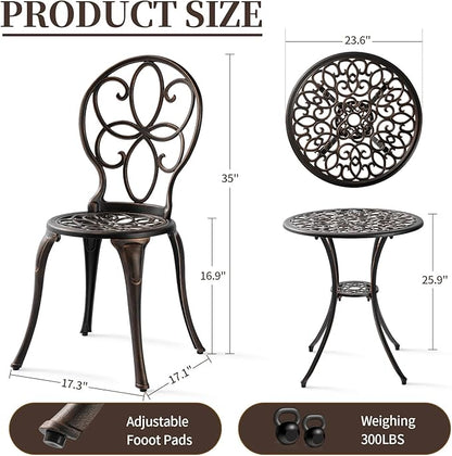 3 Piece Outdoor Bistro Set, Cast Aluminum Bistro Table and Chairs Set, Weather Resistant Patio Metal Bistro Sets, Patio Table Set with Umbrella Hole for Balcony Backyard Garden