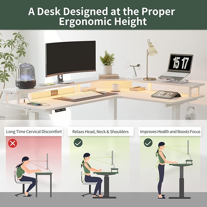 FEZIBO 63" Triple Motor L Shaped Standing Desk with LED Strip & Power Outlets, Height Adjustable Stand up Corner Gaming Desk with Ergonomic Monitor Stand, White Top/White Frame