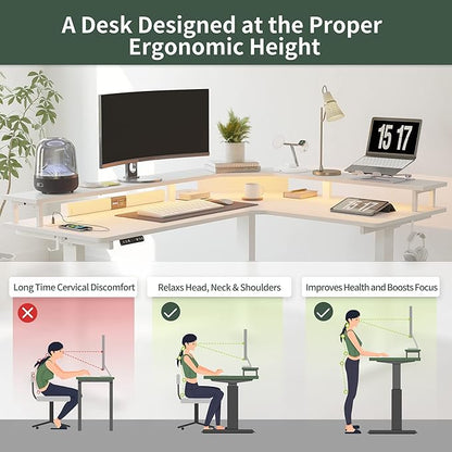 FEZIBO 63" Triple Motor L Shaped Standing Desk with LED Strip & Power Outlets, Height Adjustable Stand up Corner Gaming Desk with Ergonomic Monitor Stand, White Top/White Frame