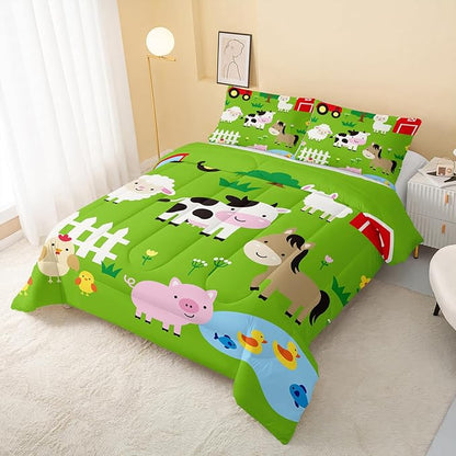 Farm Animal Comforter,Pig Cow Sheep Comforter Set for Kids Teens Girls Boys,3Pcs Bedding Set Printed Comforter with 2 Pillowcases,Down Alternative,Soft and Lightweight，Queen Size