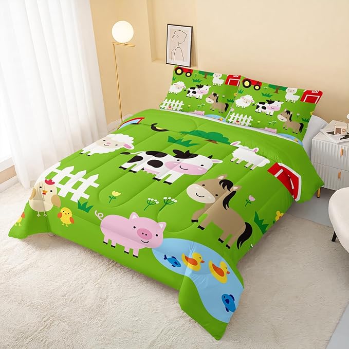 Farm Animal Comforter,Pig Cow Sheep Comforter Set for Kids Teens Girls Boys,3Pcs Bedding Set Printed Comforter with 2 Pillowcases,Down Alternative,Soft and Lightweight，Full Size