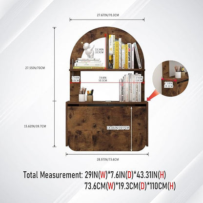 Wall Mounted Drop-Leaf Table, Floating Laptop Desk, Folding Table with Shelves, Multifunctional Computer Workstation Storage Compartments in Home Office for Space Saving (Rustic Brown)