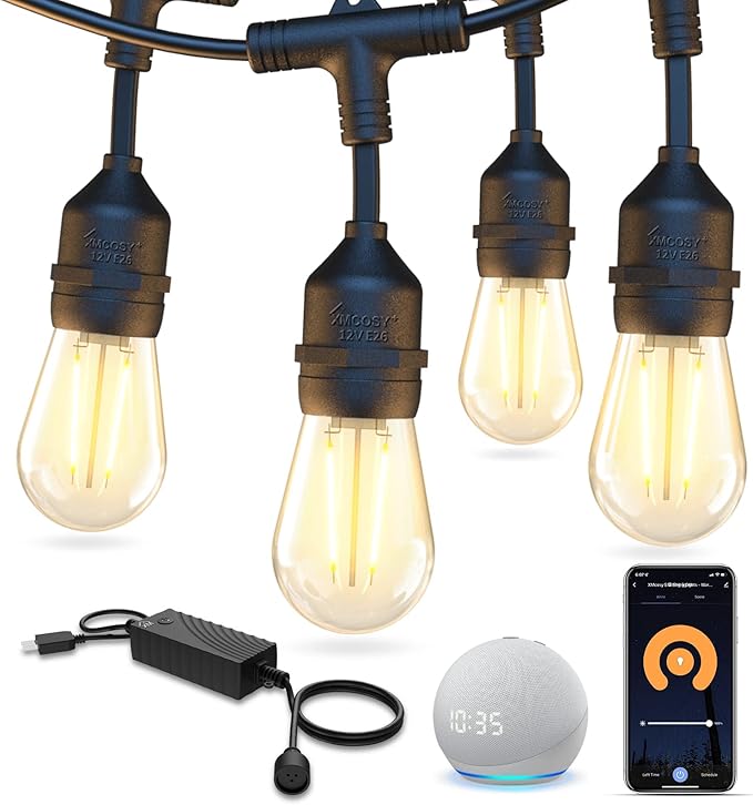 XMCOSY+ Smart Outdoor String Lights, 72.5 Ft Patio Lights with 22 Edison Shatterproof Bulbs, APP & WiFi Control Dimmable Outdoor Light, Work with Alexa, IP65 Waterproof LED String Light for Outside