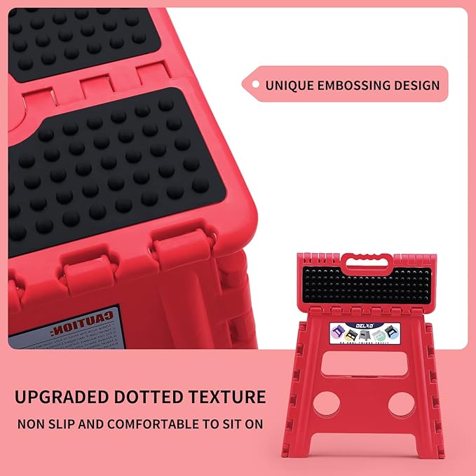 Delxo Folding Step Stool,Non-Slip Stool 13 inch Height Premium Heavy Duty Foldable Stool for Kids and Adults,Kitchen Garden Bathroom Stepping Stool 1 Pack in Red,2021 Upgrade Dotted Texture