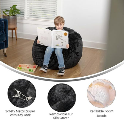 Flash Furniture Dillon Small Black Furry Bean Bag Chair for Kids and Teens