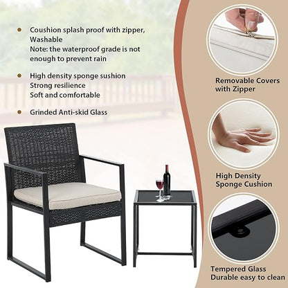 FDW Wicker Patio Furniture 3 Piece Patio Set Chairs Bistro Set Outdoor Rattan Conversation Set for Backyard Porch Poolside Lawn