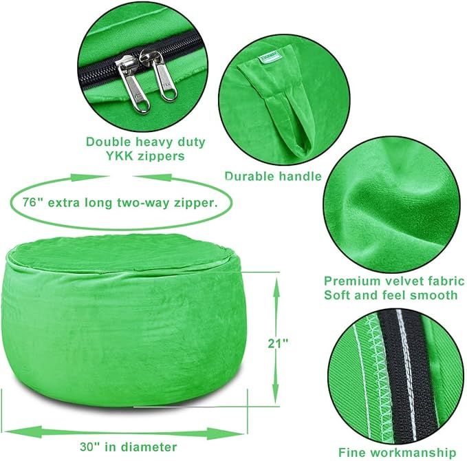 Bean Bag Chair Cover, Stuffed Animal Storage, Plush Toys Organizer Holder, Beanbag Chairs Cover for Kids Teans and Adults Super Soft and Comfortable Fabric X-Large with Handle and Zipper -Round Green