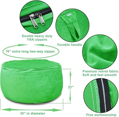 Bean Bag Chair Cover, Stuffed Animal Storage, Plush Toys Organizer Holder, Beanbag Chairs Cover for Kids Teans and Adults Super Soft and Comfortable Fabric X-Large with Handle and Zipper -Round Green