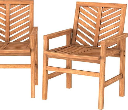 Walker Edison 2 Piece Outdoor Patio Chevron Wood Chair Set All Weather Backyard Conversation Garden Poolside Balcony, Set of 2, Brown
