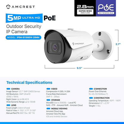 Amcrest UltraHD 5MP Outdoor POE Camera 2592 x 1944p Bullet IP Security Camera, Outdoor IP67 Waterproof, 103° Viewing Angle, 2.8mm Lens, 98.4ft Night Vision, 5-Megapixel, IP5M-B1186EW-28MM (White)