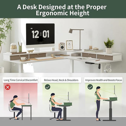 FEZIBO 63" L Shaped Standing Desk with 4 Drawers, Electric Standing Gaming Desk Adjustable Height, Corner Stand up Desk with Splice Board, White Frame/White Top