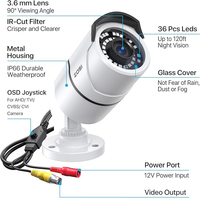 ZOSI 2MP 1080p Security Camera,4-in-1 TVI/CVI/AHD/CVBS Surveillance Bullet Camera Indoor Outdoor,Night Vision,Work for 960H,720P,1080P analog CCTV DVR
