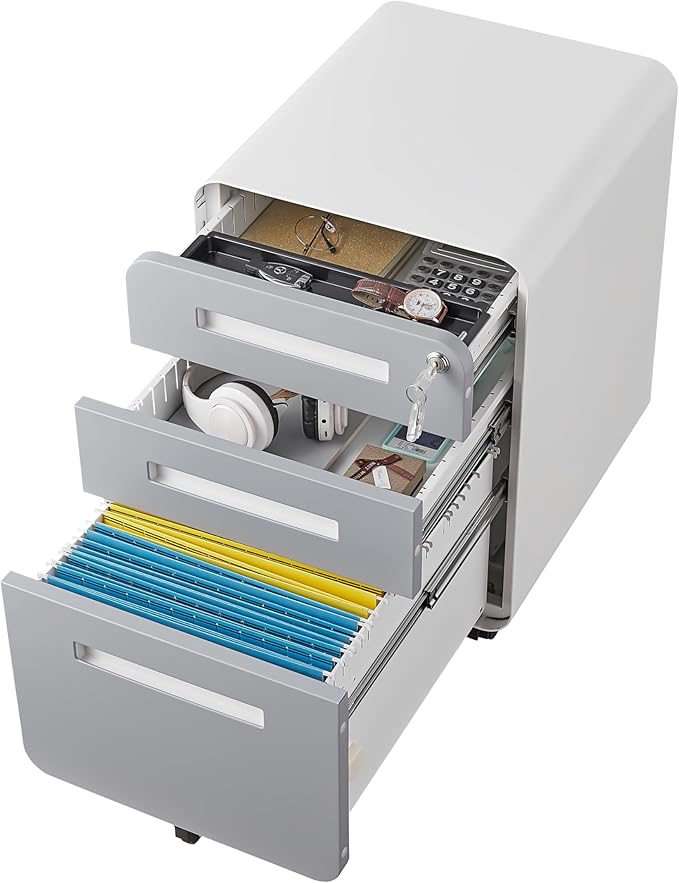 3 Drawer Mobile Desk Office with Lock and Wheels,Versatile Storage Cabinets w/Anti-Tilting Cold Rolled Steel Waterproof Moisture-Proof,for Legal/Letter/A4 Files,White+Gray