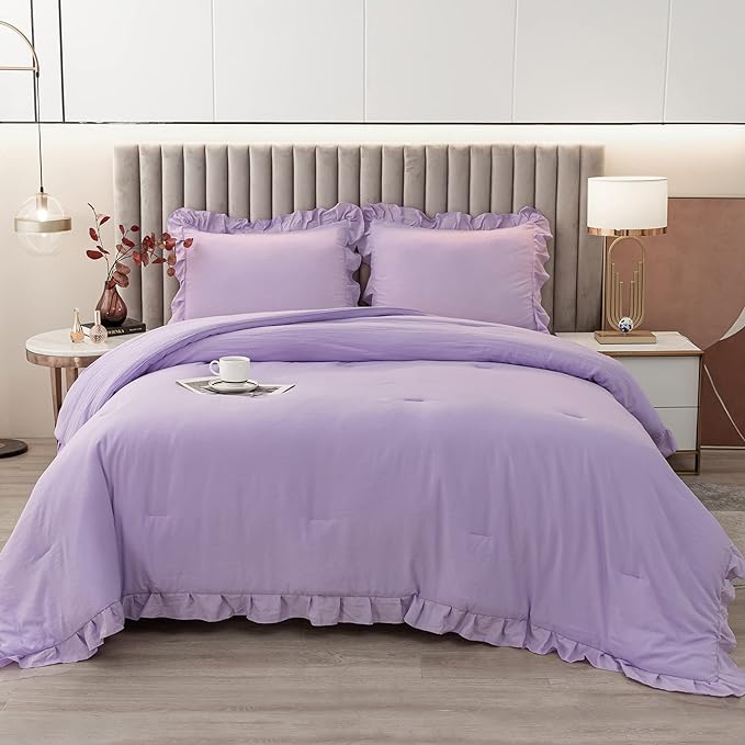 Andency Lavender Ruffle Comforter Full(79x90Inch), 3 Pieces(1 Ruffled Comforter and 2 Pillowcases) Solid Farmhouse Shabby Chic Comforter, Vintage Rustic Soft Microfiber Bedding Set