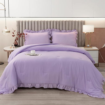 Andency Lavender Ruffle Comforter Queen(90x90Inch), 3 Pieces(1 Ruffled Comforter and 2 Pillowcases) Solid Farmhouse Shabby Chic Comforter, Vintage Rustic Soft Microfiber Bedding Set