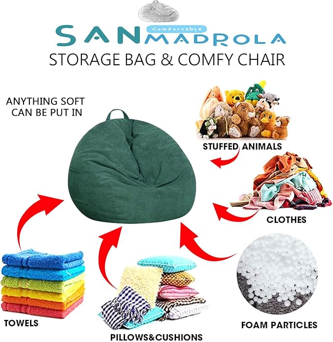 Stuffed Animal Storage Bean Bag Chair Cover (No Filler)for Kids and Adults.Soft Premium Corduroy Stuffable Beanbag for Organizing Children Plush Toys or Memory Foam Extra Large 300L (Green)