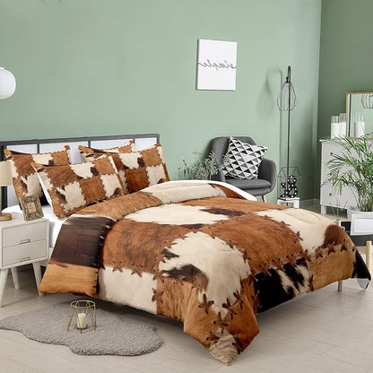 Tailor Shop Brown Cow Print Comforter Set Twin, Farmhouse Cow Print Bedding in A Bag, Leather Stitching Rustic Cowhide Comforter with 1 Matching Pillowcase Bedroom Decor………