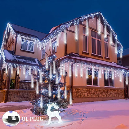 Christmas Lights Outdoor UL Certified Meteor Shower Lights 12Inch 8Tubes 192LED Falling Rain Drop Lights Icicle Snow Cascading Xmas Lights for Tree Wedding Party Garden Decoration,White