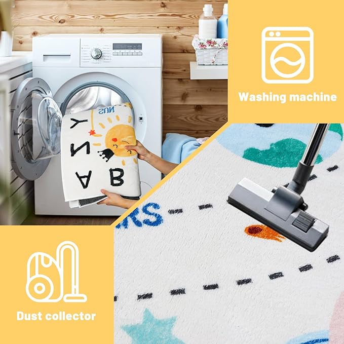 Soft ABC Kids Rug,110.2x78.7 in Washable Large Classroom Rug,Non-Slip Educational Kids Room Rug,Cute Solar System Playroom Area Rug for Classroom Playroom Bedroom Kids Room Decor