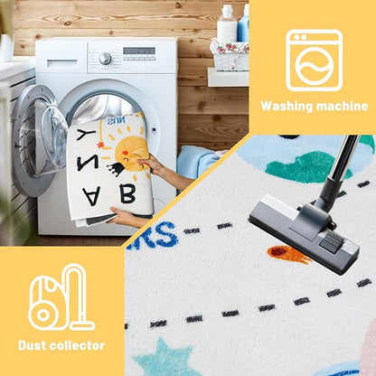 Soft ABC Kids Rug,110.2x78.7 in Washable Large Classroom Rug,Non-Slip Educational Kids Room Rug,Cute Solar System Playroom Area Rug for Classroom Playroom Bedroom Kids Room Decor