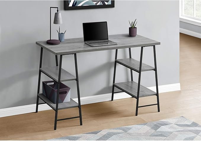 Monarch Specialties 7524 Computer Desk, Home Office, Laptop, Storage Shelves, 48" L, Work, Metal, Laminate, Grey, Black, Contemporary, Modern Desk-48, 47.25" L x 23.75" W x 30" H