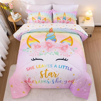 NTBED Unicorn Full Comforter Set with Sheets,5 Pieces Kids Bedding Sets for Girls, Lightweight Microfiber Star Floral Bed in a Bag, Rainbow