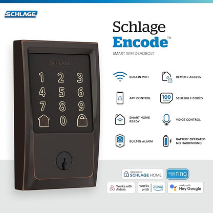SCHLAGE BE489WB CEN 716 Encode Deadbolt Smart Lock | WiFi Touchscreen Keypad, Aged Bronze