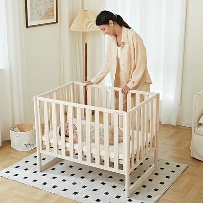 EvoNook 7-in-1 Convertible Mini Crib - Washed White, Portable Folding Baby Mini Crib with 1.5 Inch Mattress, 100% New Zealand Pinewood, 4 Adjustable Mattress Heights