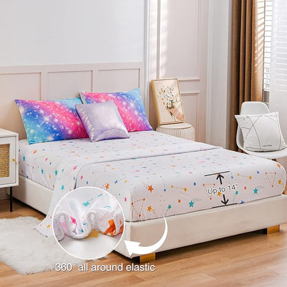 A Nice Night 6Pcs Gradient Glitter Bedding Set for Girls, Colorful Rainbow Galaxy Comforter Set, Ultra Soft Bedding Sets (Pink-Blue,Twin 6Pcs)
