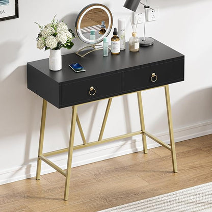 Anmytek Home Office Desk Black Writing Desk with 2 Drawers Modern & Simple Makeup Vanity Study Table Small Computer Desk, D0007