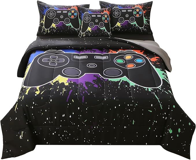 JQinHome Full Gamer Comforter Sets for Boys, 6 Piece Bed in A Bag 3D Video Game Bedding -All Season Soft Microfiber Gamer Bedding Sets, with Pillowcases, Flat Sheet, Fitted Sheet, Cushion Cover