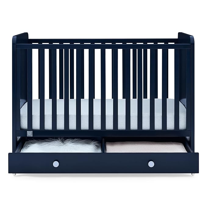 babyGap by Delta Children Graham 4-in-1 Convertible Crib with Storage Drawer TrueSleep Crib and Toddler Mattress (Bundle), Navy/Light Blue