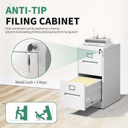 2 Drawer File Cabinet,Metal Filing Cabinets with Lock,White Vertical File Cabinet for Home Office,Heavy Duty Metal Storage Cabinet for A4/Letter/Legal Size File,Assembly Required
