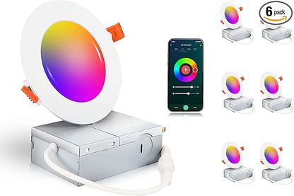 [6 Pack] CLOUDY BAY 4inch Smart WiFi LED Recessed Lights,RGBCW Color Changing Recessed Lighting,Compatible with Alexa and Google Home Assistant,10W 2700K-6500K,CRI90+ Wet Location,White Finish