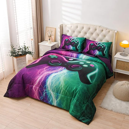 Meeting Story Gamer Gaming Bedding Sets Black Pink Lightnings Gamepad Comforter Set for Boys Games Console Action Buttons Novelty Colorful Modern Room Decor Home Quilt Set (Green-Purple, Twin 5Pcs)