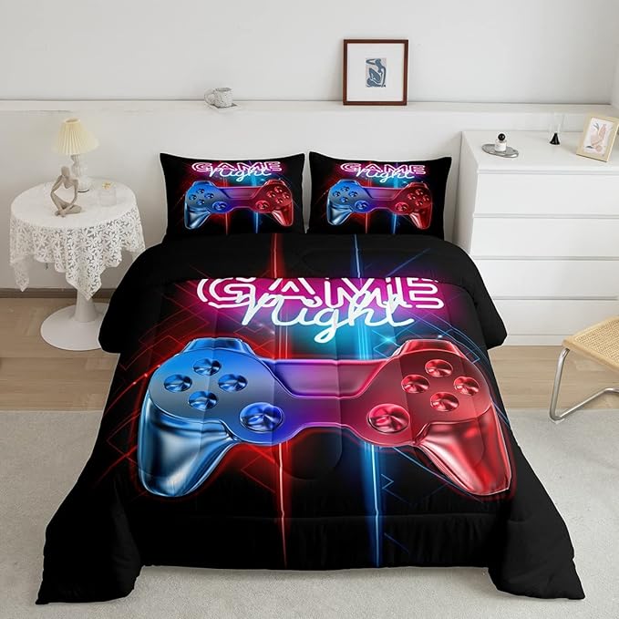 Boys Gaming Comforter Set Queen Size Teens Gamer Bedding Set Modern Blue Red Video Game Controller Comforter For Kids Children Youth Bedroom Decor Multi-Color Gamer Console Action Buttons Duvet Set