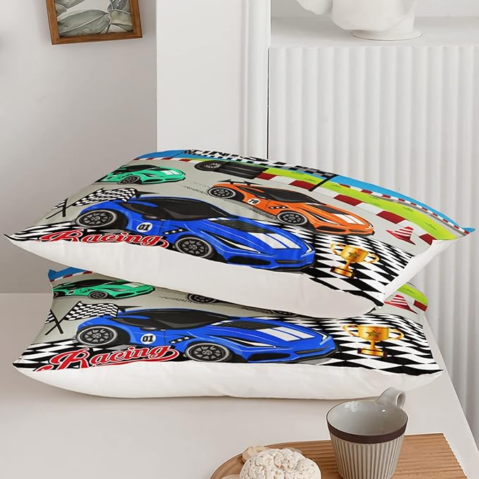 Axolotl Racing Car Bedding Set Full,Cool Speed Race Car Down Comforter for Kids Boys Girls Teens,Racing Car Comforter Set Car Theme with Three Cars Arrive at Finish,1 Comforter and 2 Pillowcases